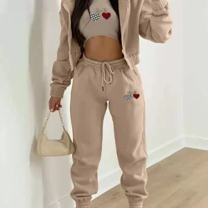 Women's New Fleece Heart-shaped Print Sports and Leisure Three-piece Suit