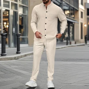 Men's Waffle Shirt Fashionable Stand-Up Collar Button Shirt and Trousers 1/2 Pieces